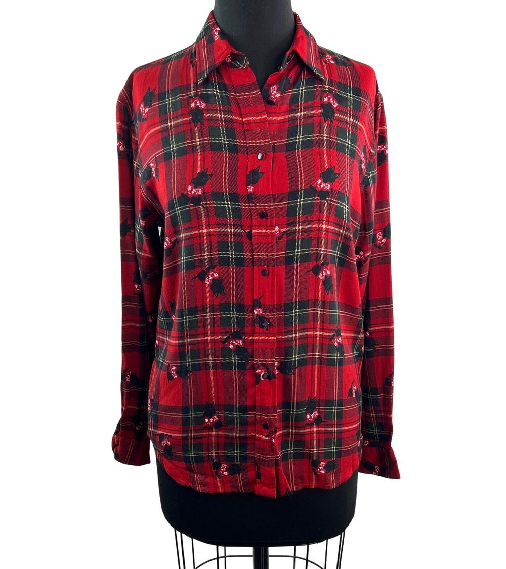 VINTAGE Ralph Lauren Red Black Top Plaid Scottish Terrier Dog Button-Up Medium M